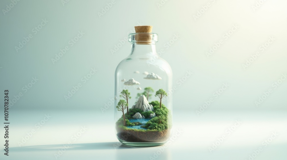 A tiny fantasy-inspired planet enclosed inside a clear glass bottle on a clean white background.