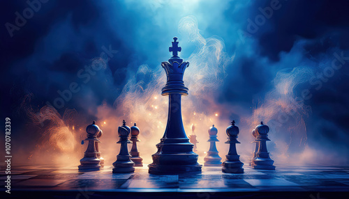 Silhouettes of chess pieces surrounded by curling smoke, evoking an atmosphere of strategy and contemplation. The smoke adds a sense of mystery, enhancing the intellectual challenge and tension