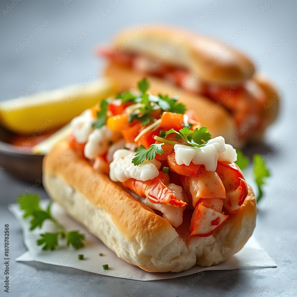 A delicious freshly made lobster roll with lobster, lemon, celery, and mayonnaise. A delicious freshly made lobster roll with lobster, lemon, celery, and mayonnaise.