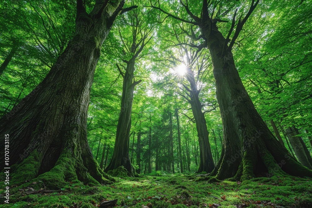 Fototapeta premium A serene forest scene with tall trees and lush green foliage, illuminated by sunlight filtering through the canopy.