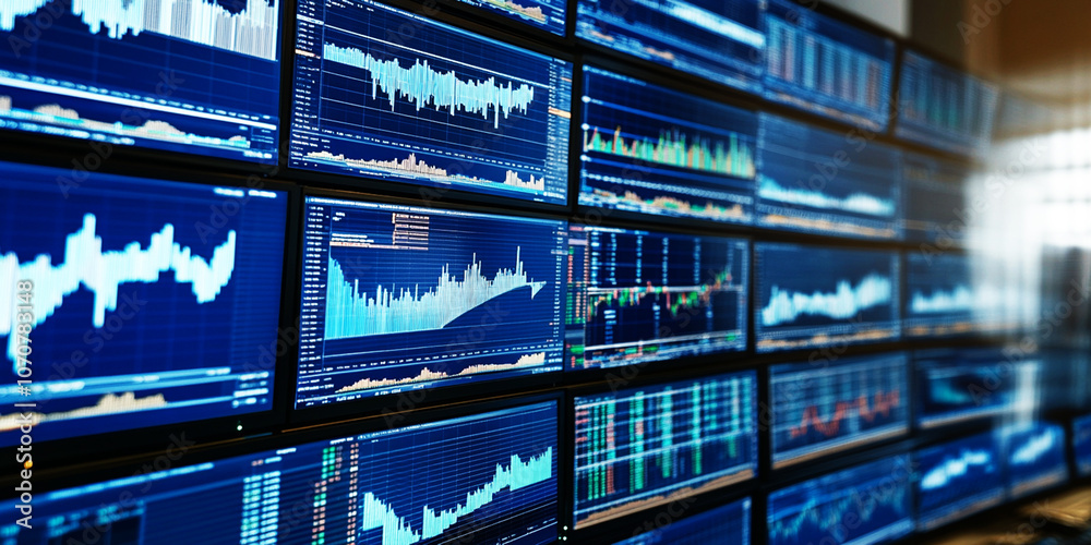 Room with lots of screens broadcasting financial market data, investing indicators and trading concept. 