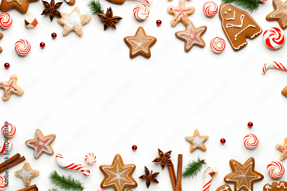 A festive arrangement of gingerbread cookies and holiday decorations on a white background.