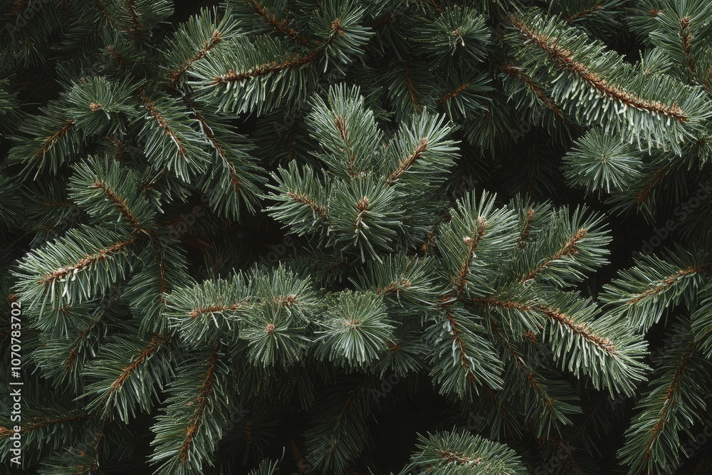 A close up of the branches of a Christmas tree, showcasing the intricate details of the needles and the natural beauty of the evergreen.  This image evokes the spirit of winter, nature, and the holida
