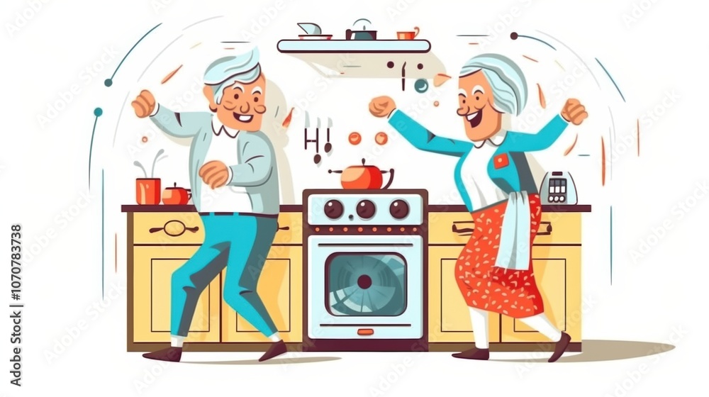 Elderly couple joyfully dancing in a colorful kitchen.