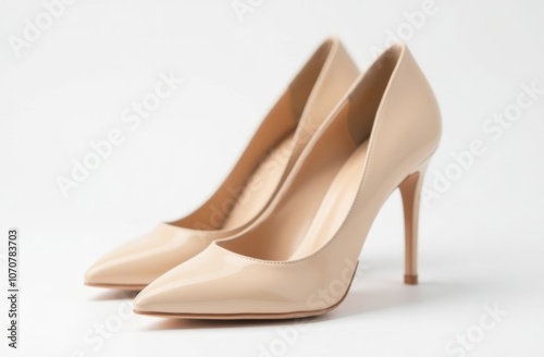 Beige high heel shoes on white background