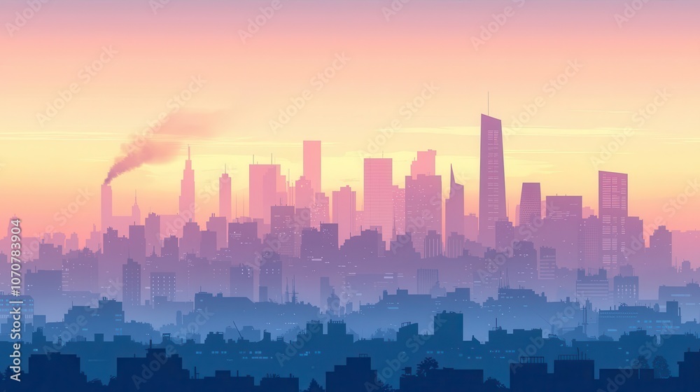 City skyline with smog and pollution, urban air quality issue, flat design illustration