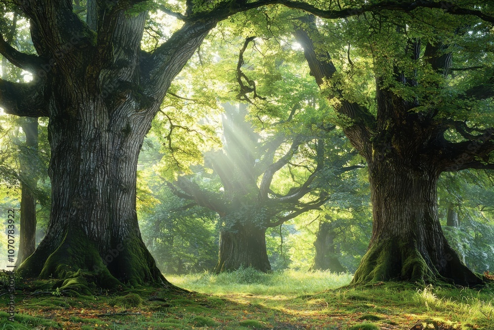 A serene forest scene featuring majestic trees and sunlight filtering through the leaves, creating a peaceful atmosphere. A serene forest scene featuring majestic trees and sunlight filtering through the leaves, creating a peaceful atmosphere.