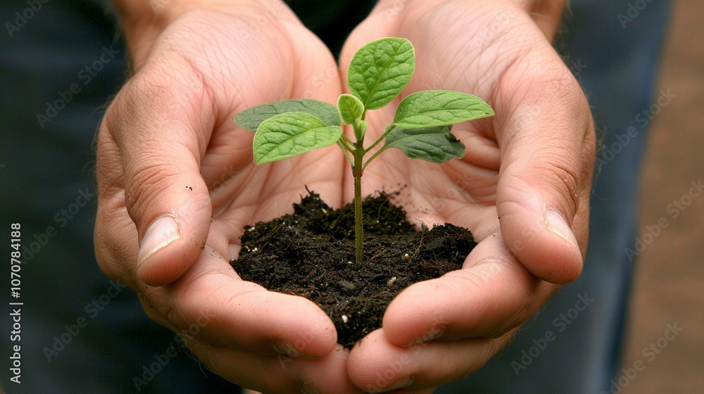 A close shot of hands gently holding a small, newly sprouted plant, representing the potential for growth. A close shot of hands gently holding a small, newly sprouted plant, representing the potential for growth.