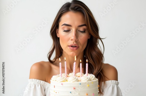 Beautiful woman blowing out candles on birthday cake
