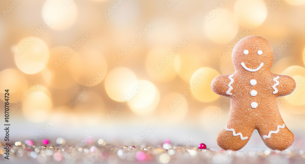 A cheerful gingerbread man stands on a festive background with bokeh lights. A cheerful gingerbread man stands on a festive background with bokeh lights.