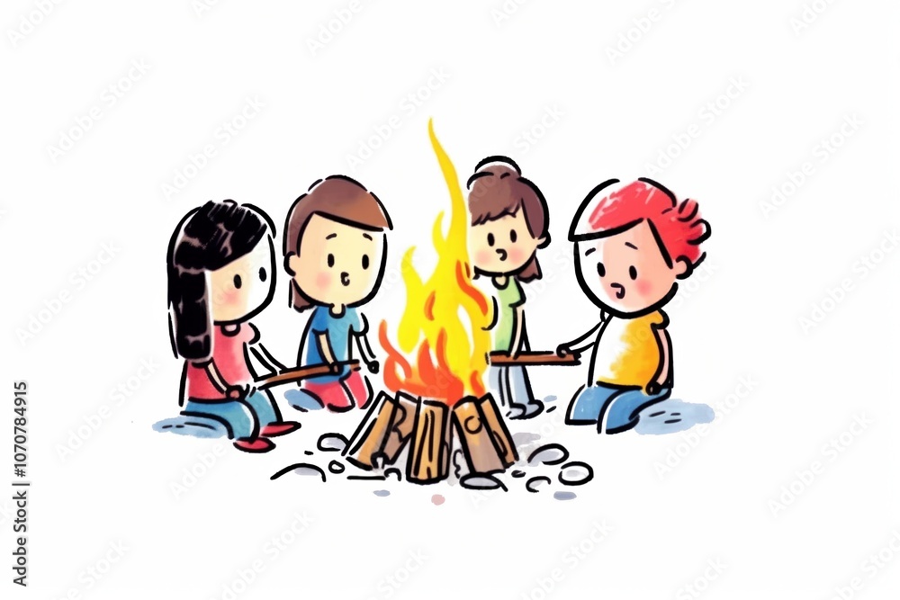 Fototapeta premium Cartoon children roasting marshmallows over a campfire with cheerful expressions.