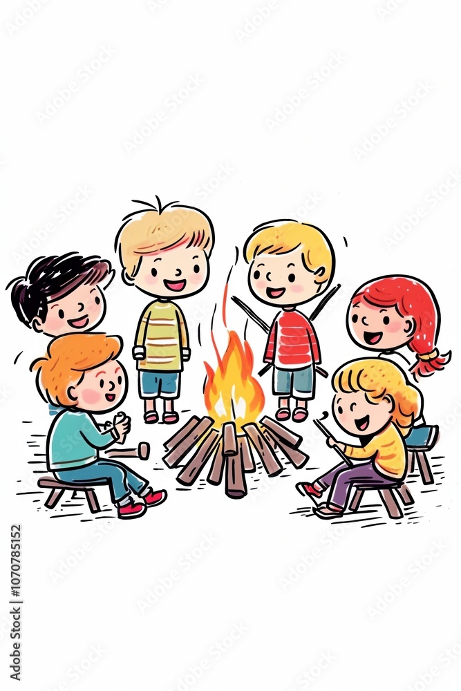 Illustration of children enjoying a warm campfire, sharing stories and laughter outdoors. Illustration of children enjoying a warm campfire, sharing stories and laughter outdoors.