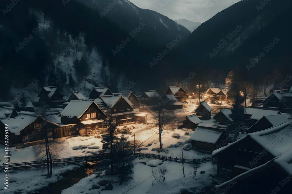 Fototapeta premium A serene snowy village at dusk, illuminated by warm lights amidst dark mountains.