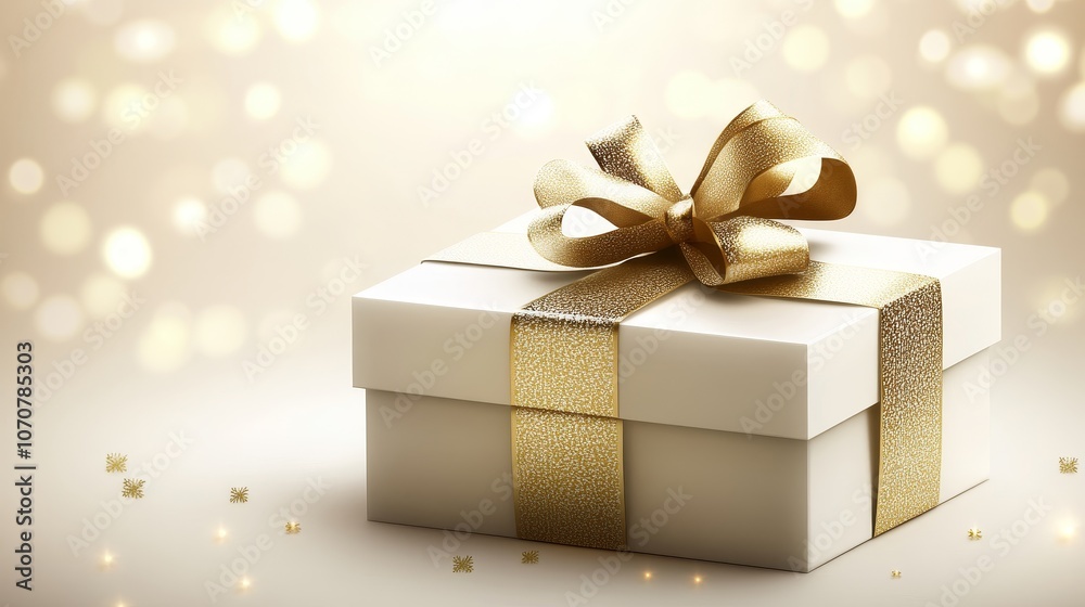 Elegant White Gift Box with Golden Ribbon and Festive Background. This image symbolizes celebration, joy, gift-giving, luxury, and special occasions.