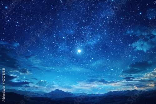 A serene night sky filled with stars and a bright moon over a mountain landscape, evoking a sense of wonder and tranquility.