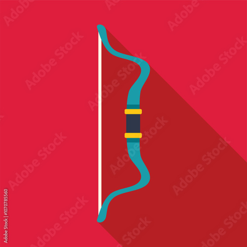 Classic hunting bow with long string and sturdy handle grip, isolated on a vibrant red background
