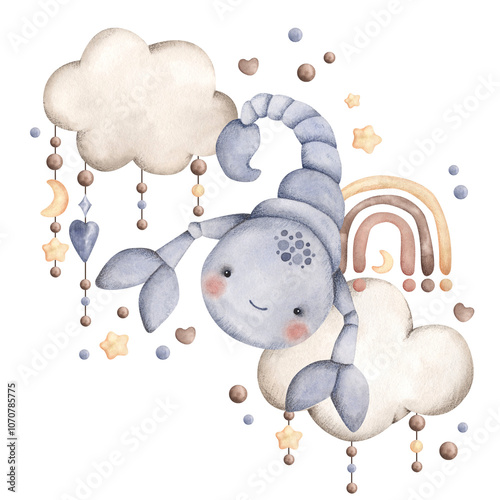 Zodiac watercolor hand-drawn illustration with little scorpio on cloud with stars and moon. Cute cartoon scorpion for kids.