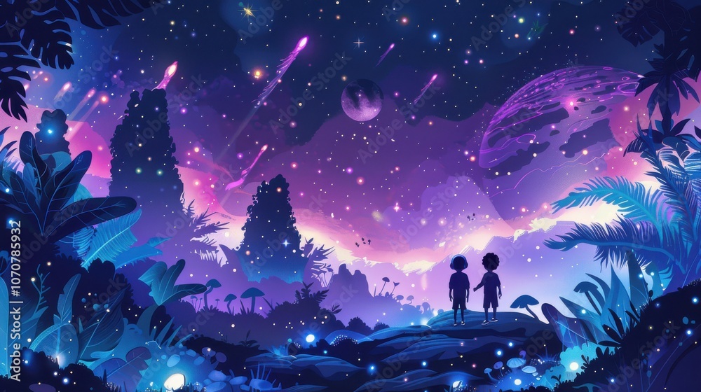Children astronauts discovering a hidden space jungle on an exoplanet, with bioluminescent plants and friendly alien creatures in vector style Children astronauts discovering a hidden space jungle on an exoplanet, with bioluminescent plants and friendly alien creatures in vector style