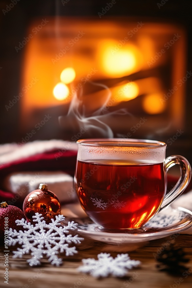 Cozy winter concept, steaming tea, and festive decor. Cozy winter concept, steaming tea, and festive decor.