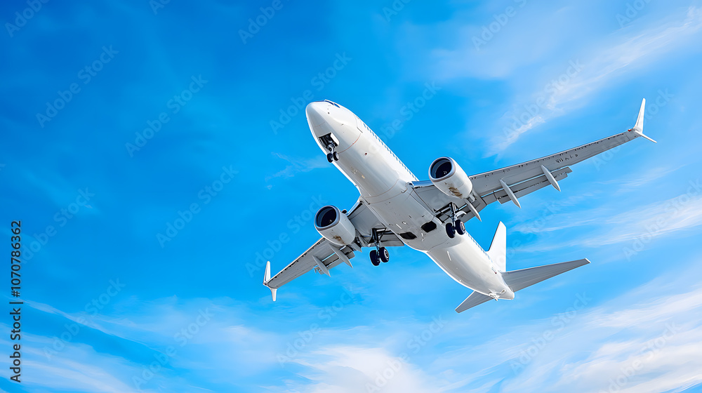 A passenger airplane flying in blue sky, view from bottom up. A passenger airplane flying in blue sky, view from bottom up.