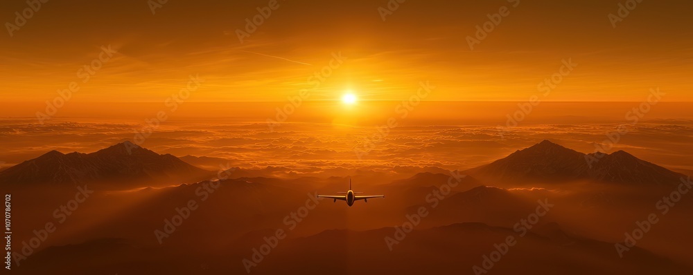 Airplane Flying Over Mountains with a Sunset in the Background Airplane Flying Over Mountains with a Sunset in the Background