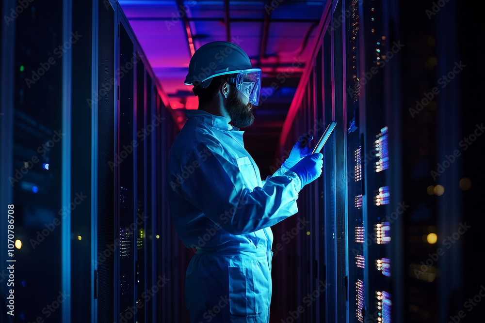 A data center technician in safety gear analyzes digital data on a tablet in a server room with blue and pink lighting. The image symbolizes technology, data, security, maintenance, and expertise. A data center technician in safety gear analyzes digital data on a tablet in a server room with blue and pink lighting. The image symbolizes technology, data, security, maintenance, and expertise.