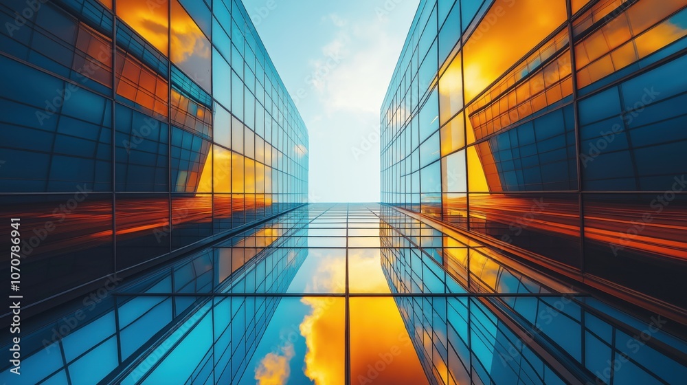 Fototapeta premium Colorful modern glass office building camera shot from bottom to top view at night