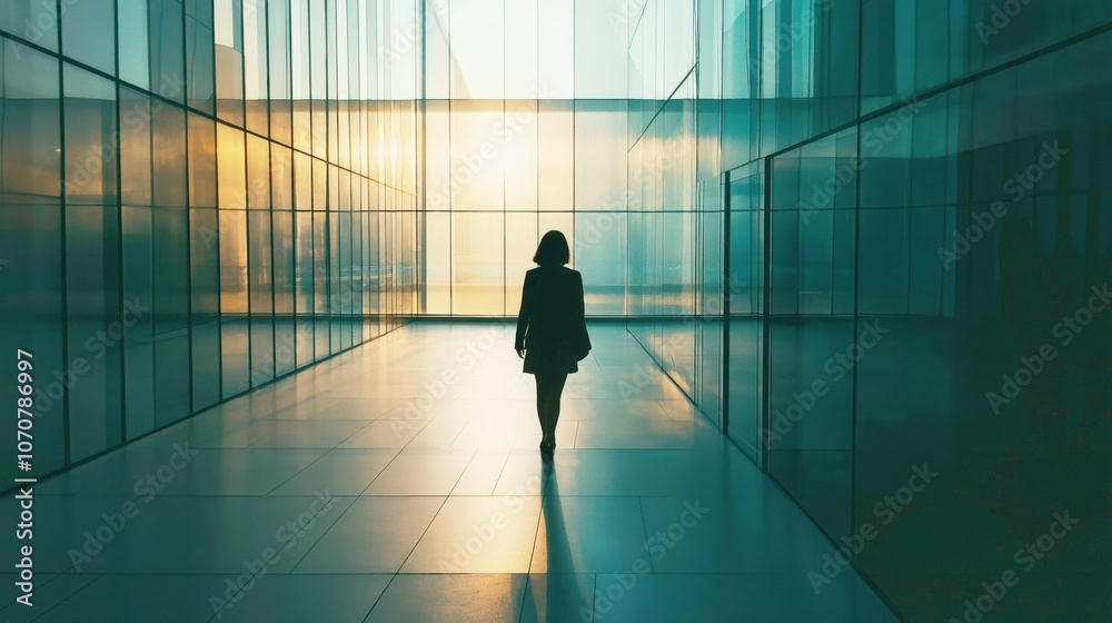 Silhouette of businesswoman off from work walking at lobby corridor of office building during sunset Silhouette of businesswoman off from work walking at lobby corridor of office building during sunset