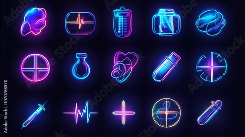 Set of neon medical icons on a dark background for health and technology designs. photo