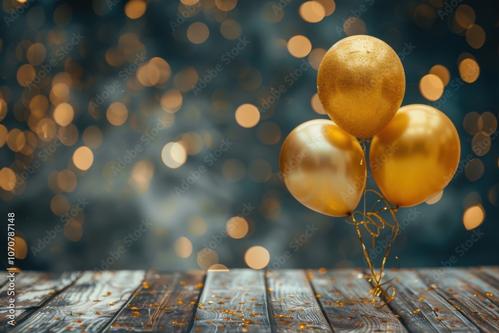 Fototapeta premium Shimmering golden balloons, rustic wooden table, festive sparkles, bokeh Christmas theme, copy space for text