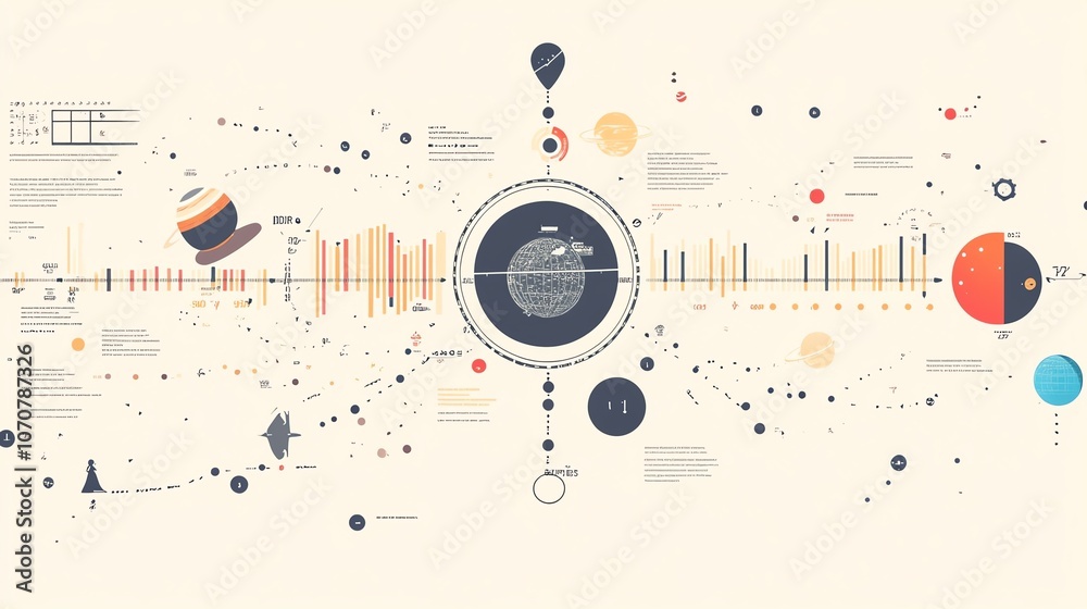 Obraz premium Scientific infographic illustrations displaying planets, graphs, and data points in a creative layout.