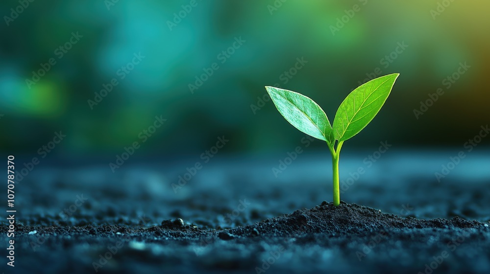 Small green plant grows on soil blurred garden background