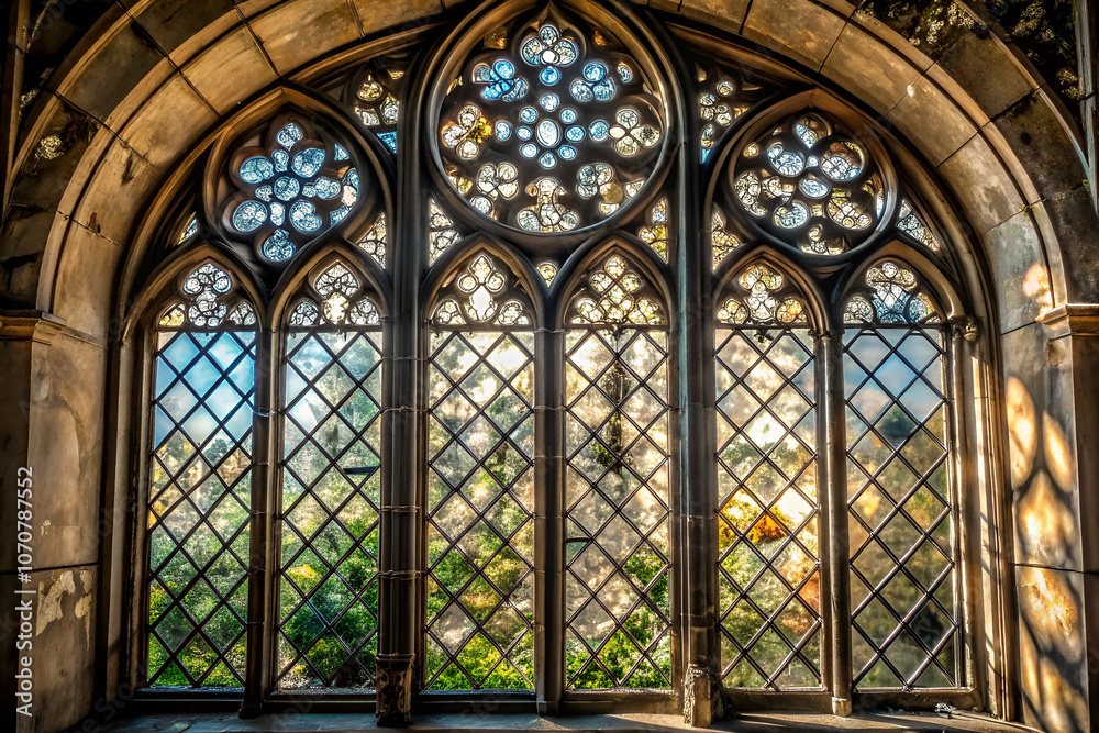 A stunning Gothic window with intricate stained glass, showcasing light patterns and a view of greenery outside. A stunning Gothic window with intricate stained glass, showcasing light patterns and a view of greenery outside.