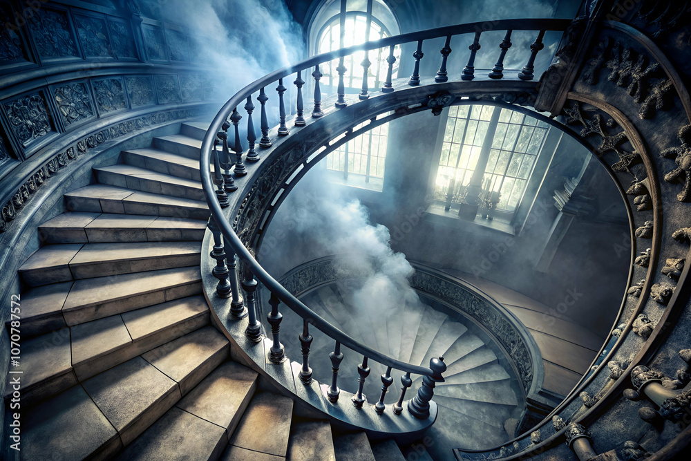 Fototapeta premium A grand, spiraling staircase winds upward, enveloped in mist and illuminated by soft light streaming through large windows.