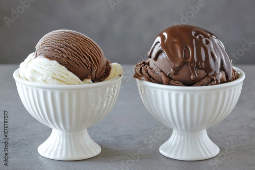 Two bowls of ice cream, one with vanilla and the other with chocolate, showcasing a delicious dessert. photo