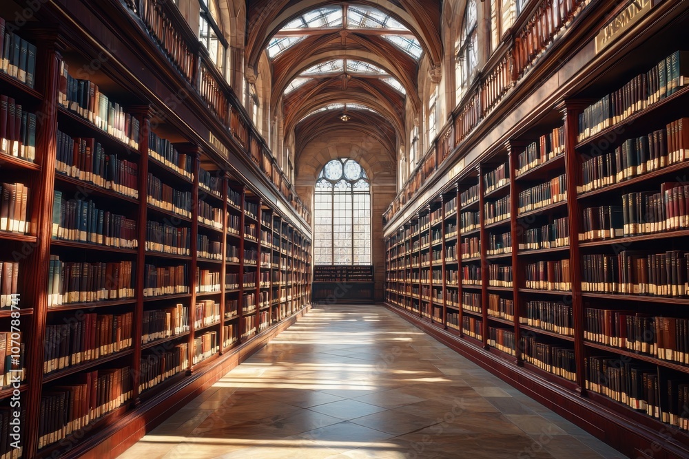 A grand library interior featuring tall bookshelves filled with books and a large window allowing natural light to illuminate the space. A grand library interior featuring tall bookshelves filled with books and a large window allowing natural light to illuminate the space.