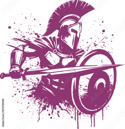 drawing of a silhouette of a Spartan warrior in a fighting pose in a graphic design style with paint splatters photo