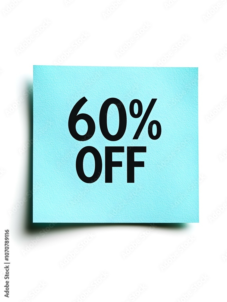 Black '60% OFF' Text on a Turquoise Square Paper Note. White Background Black '60% OFF' Text on a Turquoise Square Paper Note. White Background