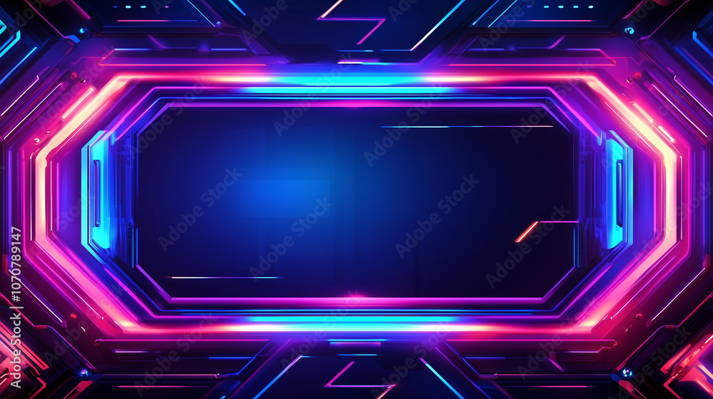 Futuristic neon frame with glowing pink and blue lights on a dark background with copy space , perfect for digital tech interface Futuristic neon frame with glowing pink and blue lights on a dark background with copy space , perfect for digital tech interface