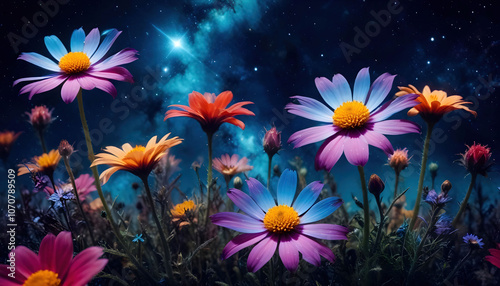 Vibrantly colored flowers set against a deep, galactic sky, creating a surreal, cosmic landscape.