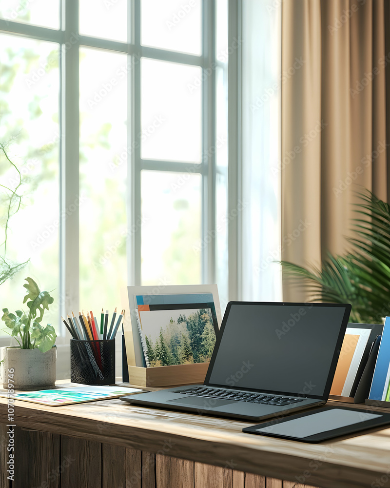 A home office desk with a laptop, tablet, pencils, a potted plant, and a framed picture. A home office desk with a laptop, tablet, pencils, a potted plant, and a framed picture.