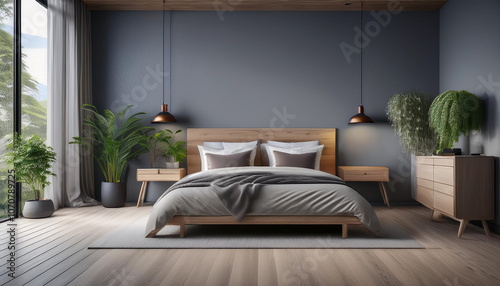 Cozy Bedroom with Wooden Floor and Gray Wall photo