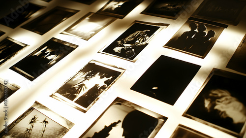 A grid of vintage black and white photographs on a table. photo