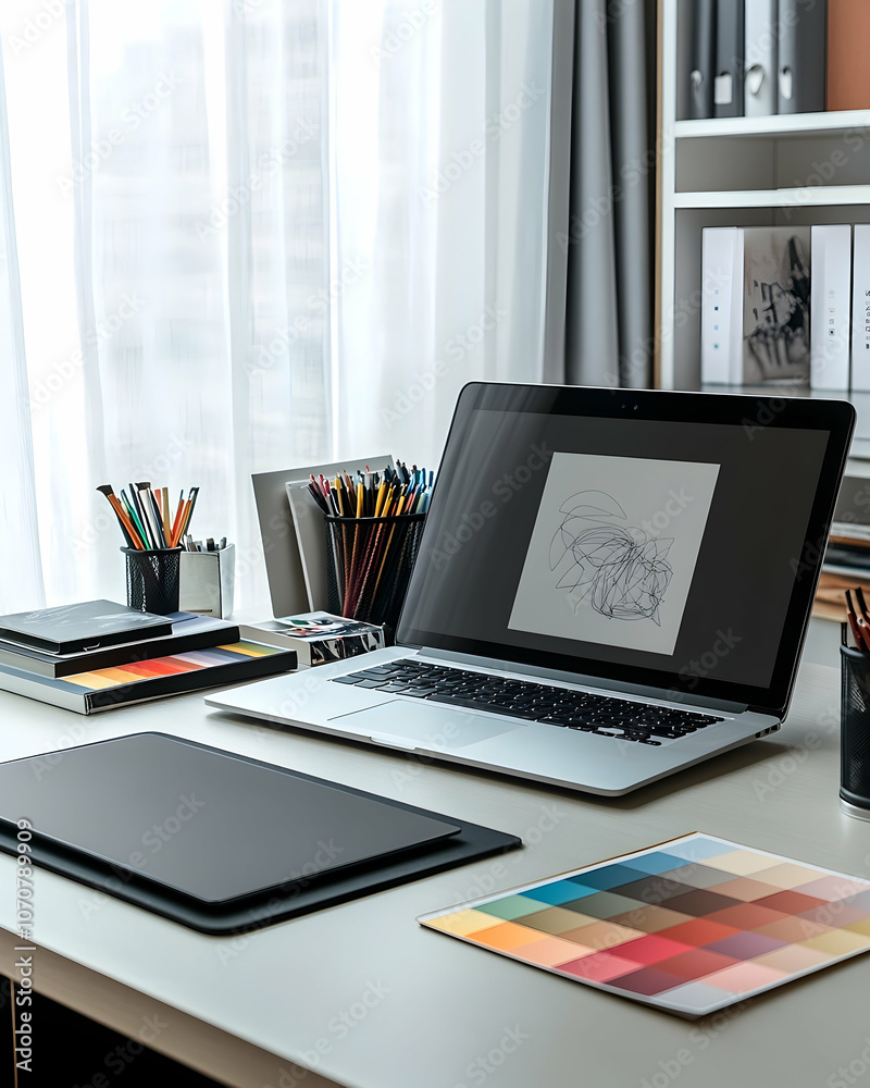 A modern home office desk with a laptop, drawing tablet, and color swatches. A modern home office desk with a laptop, drawing tablet, and color swatches.