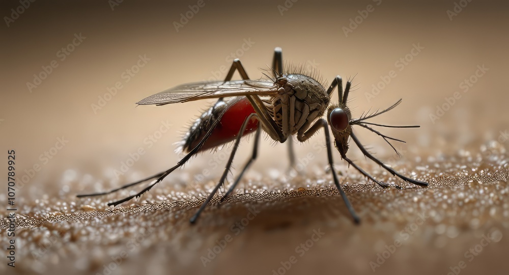 Mosquito bites skin close-up with drinking blood with red body.	