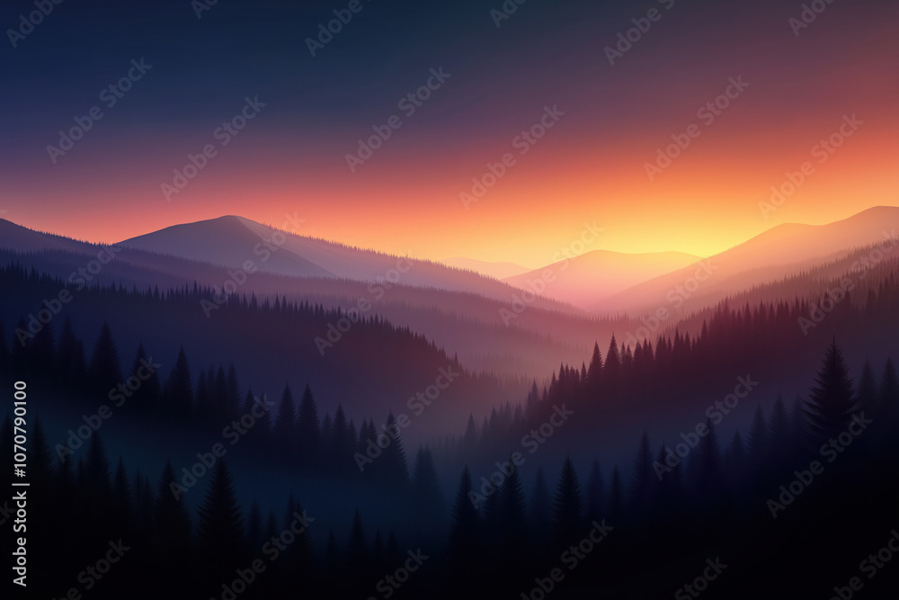 Vibrant sunset over misty mountains and evergreen forests near a tranquil valley Vibrant sunset over misty mountains and evergreen forests near a tranquil valley