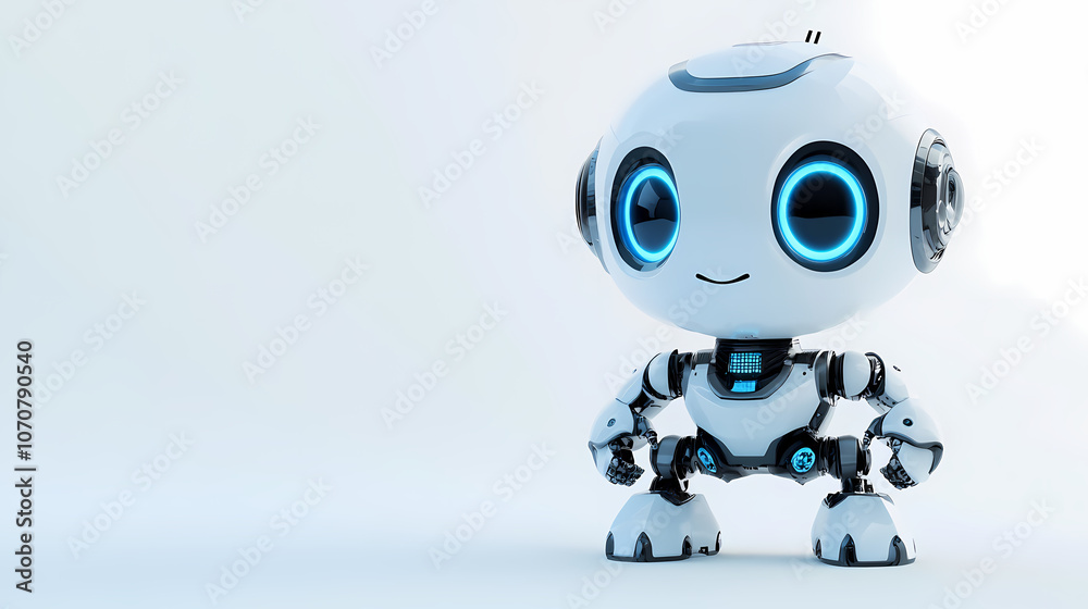 High-Quality 3D Rendering of a Cute White Robot with Blue Eyes, Full Body, in a Cartoon Design Style on a Plain White Background High-Quality 3D Rendering of a Cute White Robot with Blue Eyes, Full Body, in a Cartoon Design Style on a Plain White Background