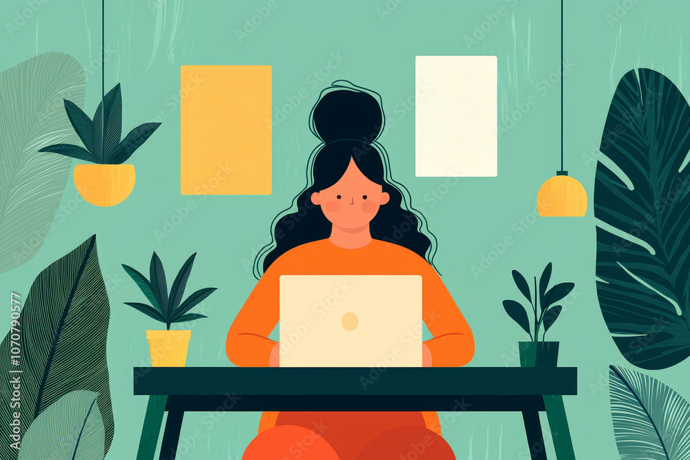 Focused woman works on laptop, surrounded by lush plants in a calming workspace