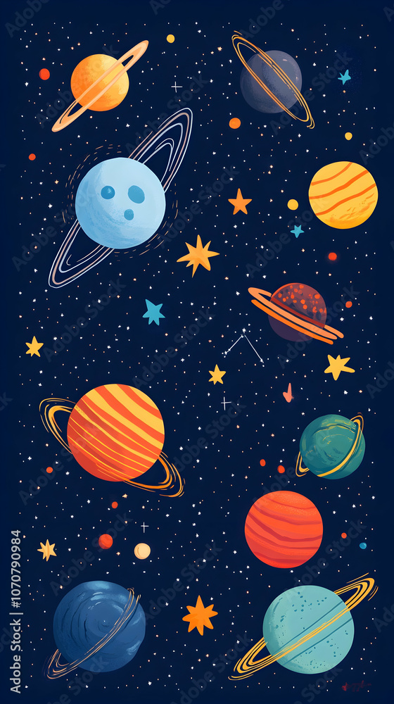 Colorful illustration of planets and stars in space. Colorful illustration of planets and stars in space.