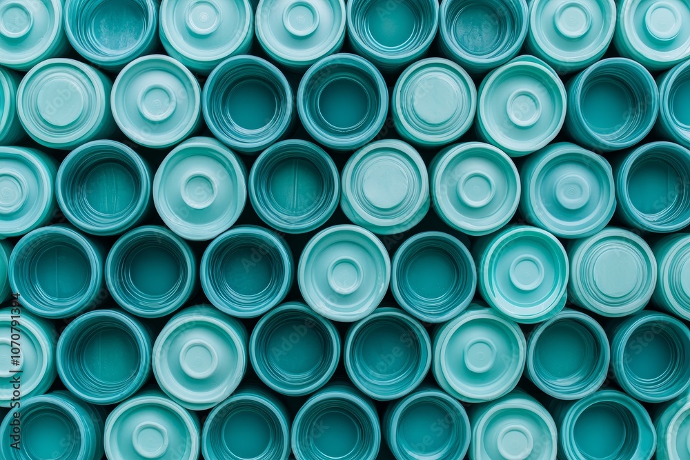 Neatly stacked recycled plastic bottle caps. A vibrant teal color scheme. Eco-friendly recycling